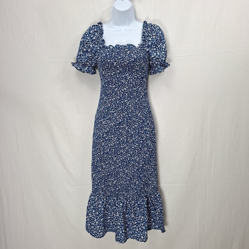PrettyGarden Dress Sz. Small Blue Floral Smocked Puff Sleeves Ruffle Hem Mermaid
